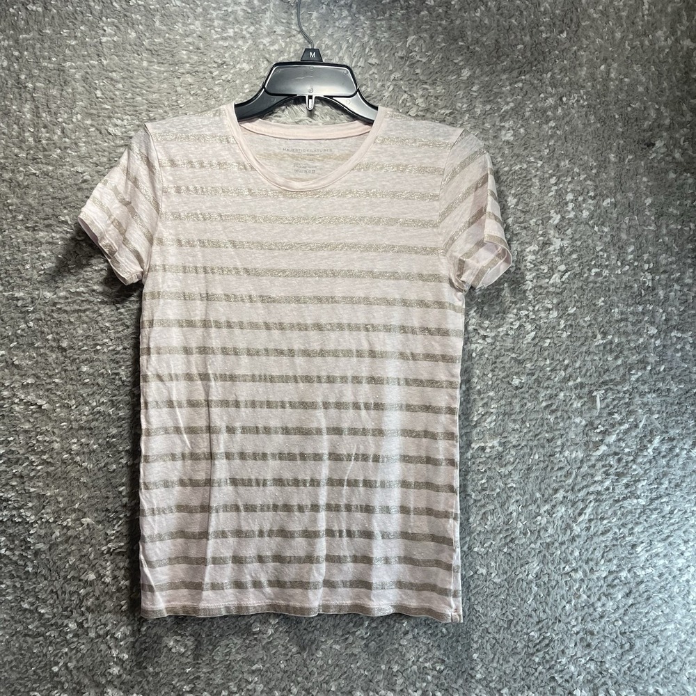 Majestic Filatures Linen Deluxe Teeshirt Sz 2, S Striped Pink Shimmer Coastalโ